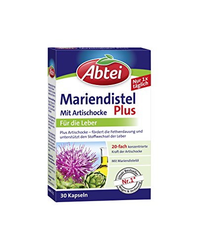 Abtei Mariendistelöl Plus Artischocke mit Vitamin E Kapseln, gesunde Verdauung, unterstützt den Stoffwechsel der Leber, 30 Stück