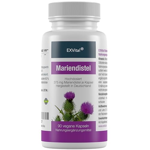 EXVital Mariendistel - Mariendistel Extrakt mit 60% Silymarin Anteil, hoch konzentriert, 90 vegane Kapseln in Premiumqualiät, kein Magnesiumstearat und 100% vegan, ApoTest: 'Sehr gut'
